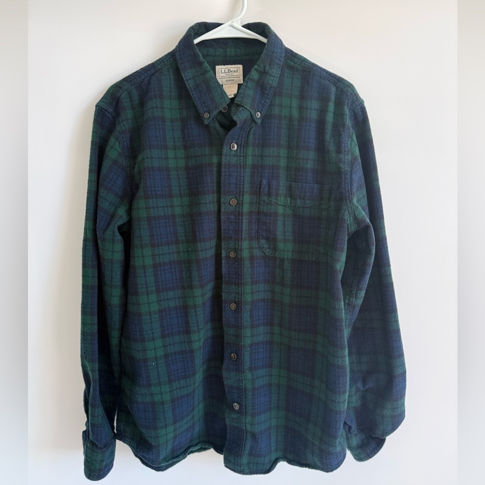 L.L. Bean Men’s Blue and Green Cotton Plaid Flannel, Size Large